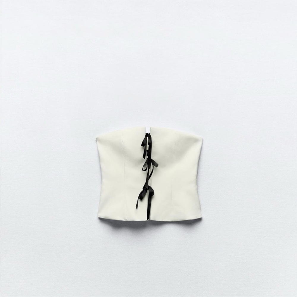 Zara White Strapless Top with Black Ribbon Detail